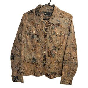 Toni Morgan Brown Paisley Floral Button Jacket Top Size Small Burnout Fabric
